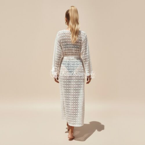 Жіноча біла мереживна туніка-халат максі на довгий рукав з пояском 146-107-2